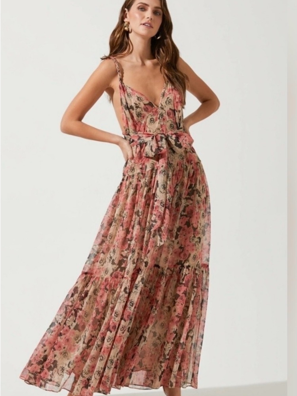 Astr Floral Maxi Dress in Pink and Cream with Tie Waist
